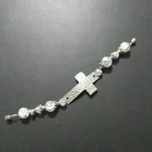 Silver Tone White Crackle Bead Curved Cross Statement Bracelet
